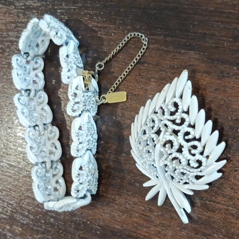 Monet Bracelet and Matching Brooch White Enamel Metal Filigree